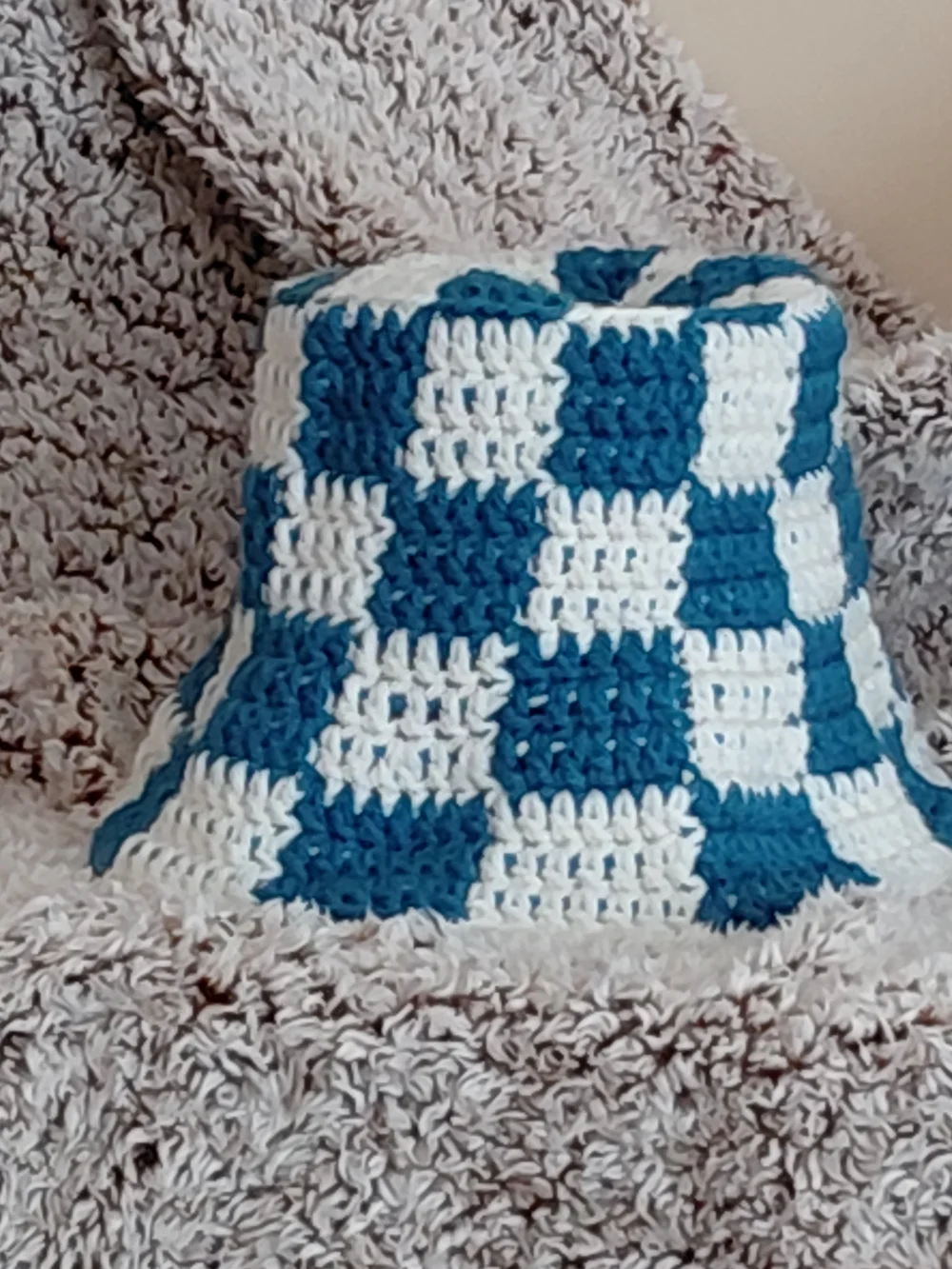 Handmade Crochet Checkerboard Bucket Hat - White & Blue